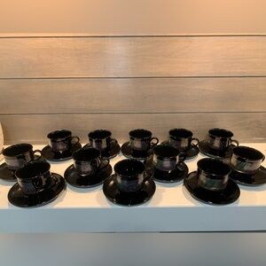 Arcoroc Tampico VTG Black Multi Pattern Coffee Cups & Saucers Set of 12 France